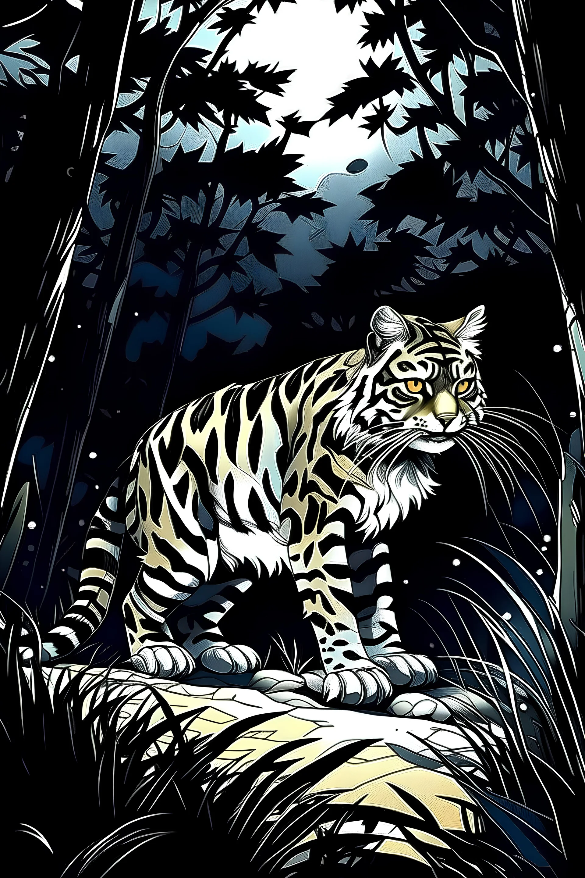 chat sauvage au pelage tigré avec des pattes blanches la nuit dans la forêt, manga