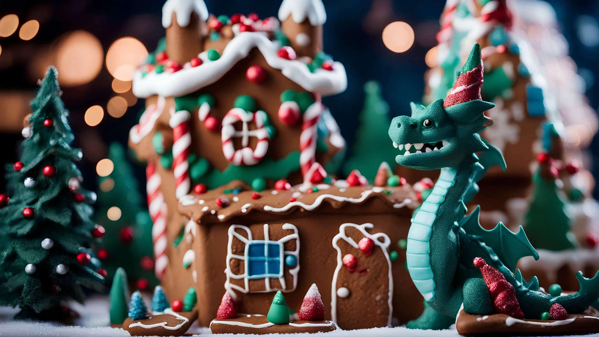 A green dragon in a Christmas hat eats a large gingerbread house, a background in blue tones with lights and decorated Christmas trees, Camera settings: Shot with a Canon EOS 5D Mark IV. Film used is Kodak Portra 400, known for its rich and natural colors. The lens used is a Canon EF 50mm f/1.4, capturing the details and textures of the flowers with precision. The photo is taken with a shallow depth of field, beautifully blurring the background while keeping the flowers in sharp focus