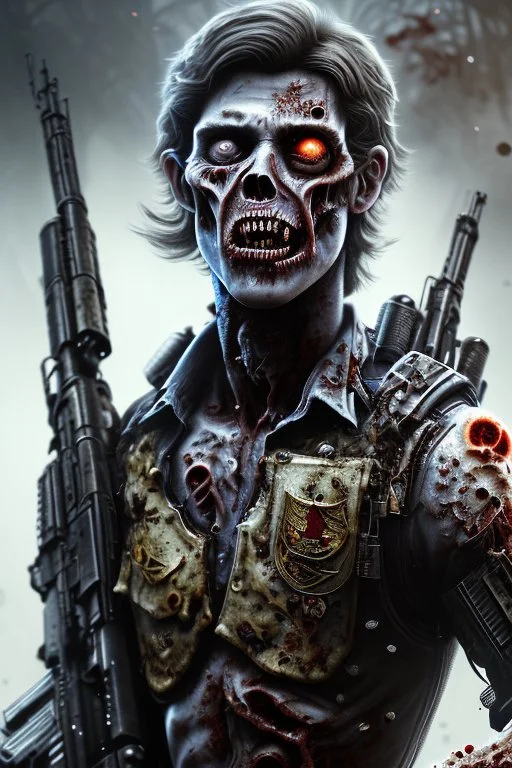 close-up ultra detailed and real looking image, 12k ultra high definition, sexy and cool looking zombie with human features, wild hair, he is a policeman, wearing a police uniform with bullet holes, epic action shot view of him storming towards camera with bazooka in hand, explosive and chaotic background, epic good looking zombie