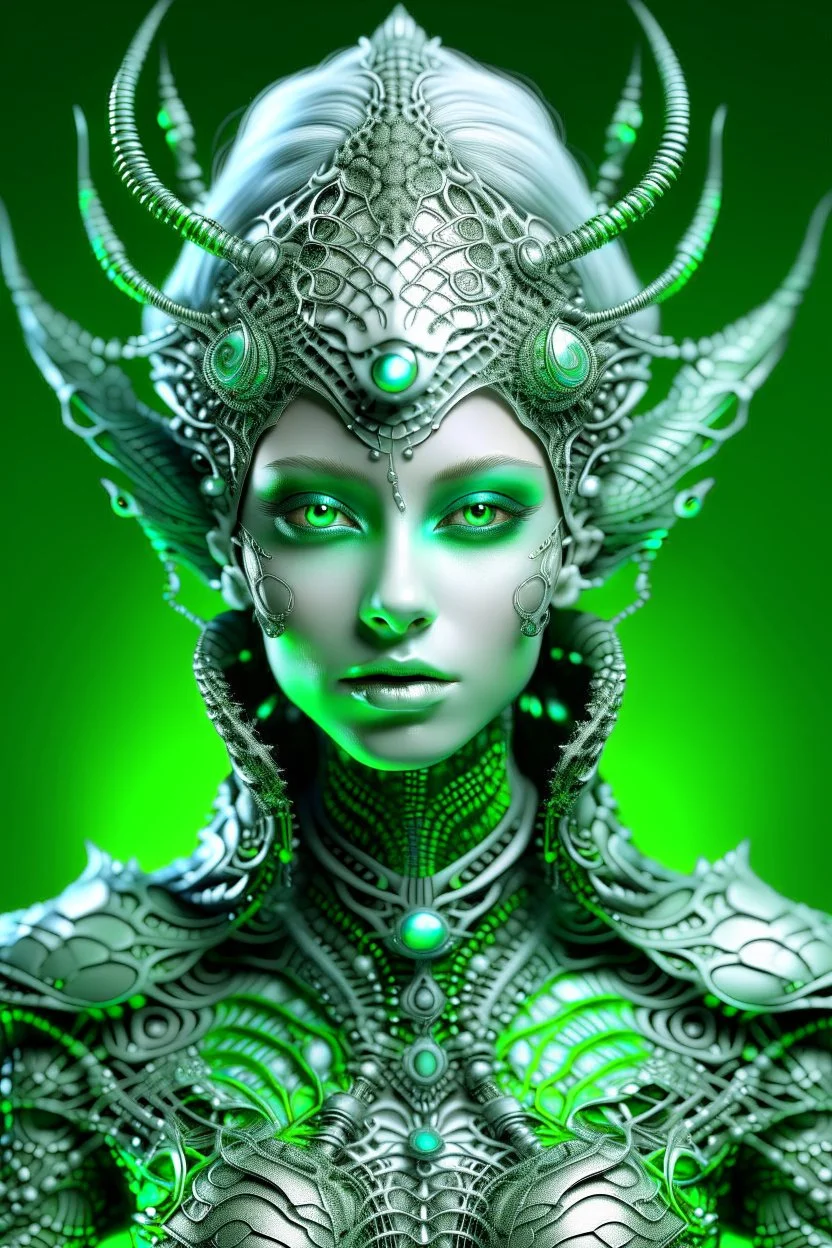 A beautiful alien with big eyes and small nose and mouth wearing a bioluminescense light green zafír biomechanical silver metallic diadem headress, wearing biomechanical amalgamation style leather jacket dress ribbed with silver floral metallic filigree biomechanical vantablack pattern, organic bio spinal ribbed detail of gothic winter backround extremely detailed maximalist hyperrealistic portrait art