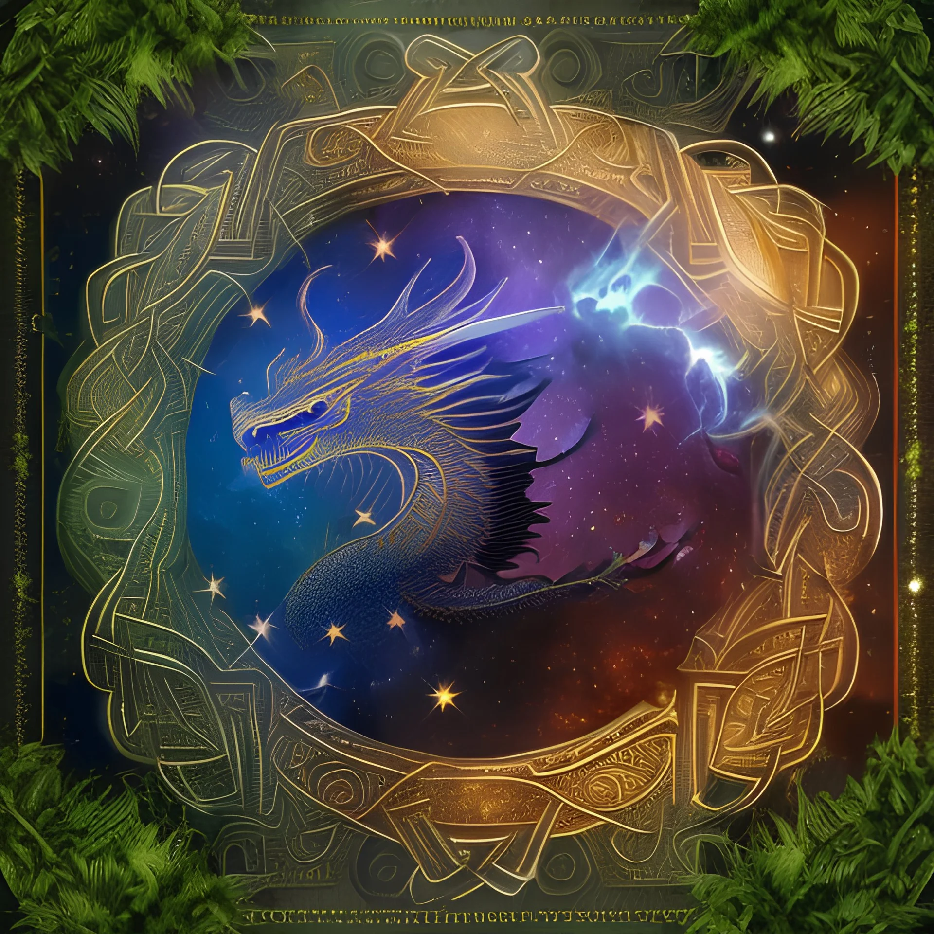 image framed with a thin border of celtic designs, story book cover format, A winged celestial dragon in flight above a forested mountain, against a background of brilliantly glittering stars, hd 4k, fine sharp detail