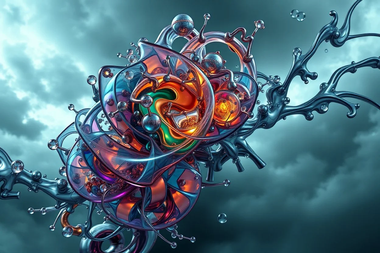 Dynamic complex hypnotic fractal 3D structures horizontal Symmetry twisting and morphing between organic and geometric forms , smooth translucent iridescent glass with inner glow and bubbles,and metallic varied transparent materials, stormy skies, intense dramatic