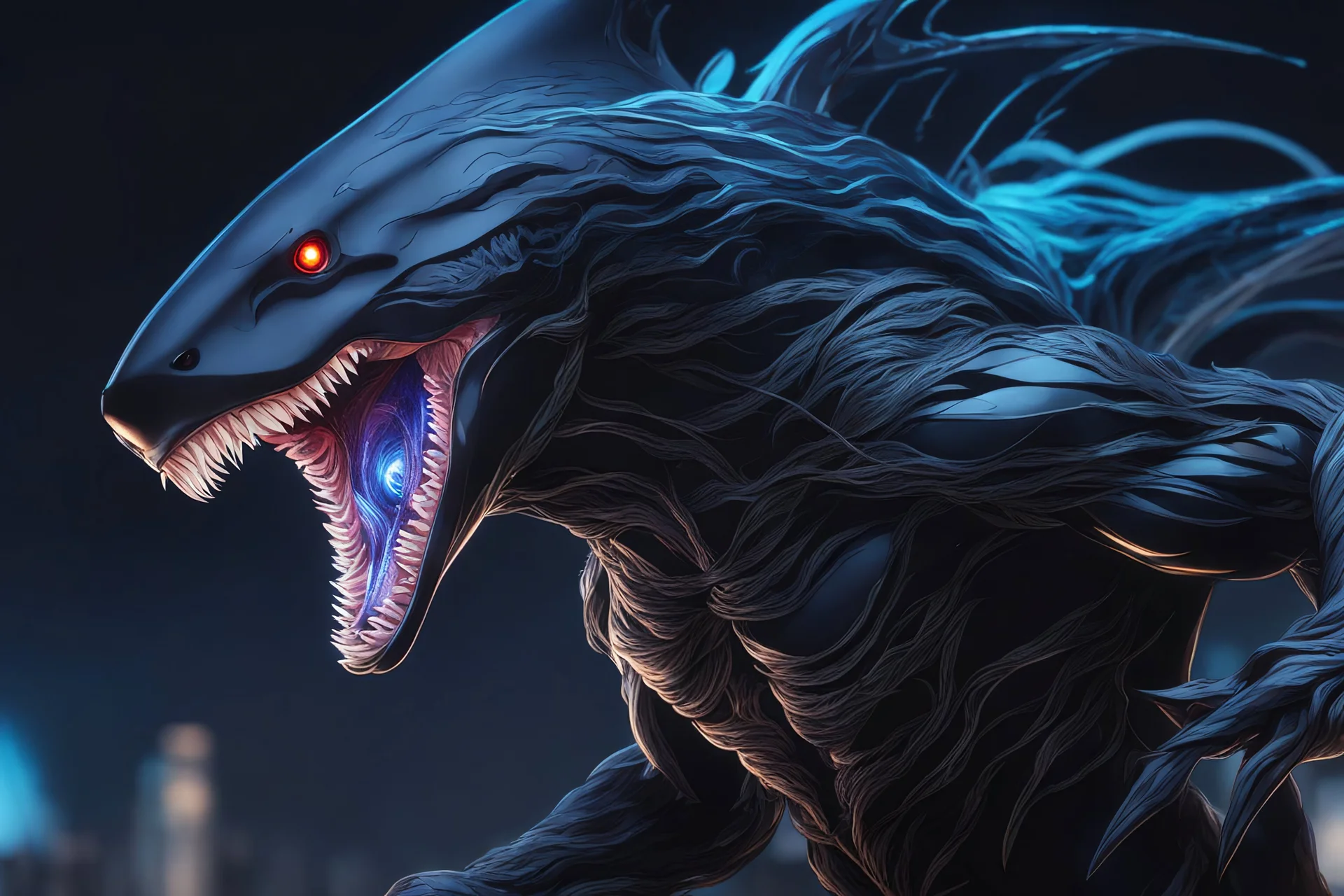 Huge symbiote in 8k solo leveling shadow drawing, shark model, neon blue lights, sea, intricate details, highly detailed, high details, detailed portrait, masterpiece,ultra detailed, ultra quality