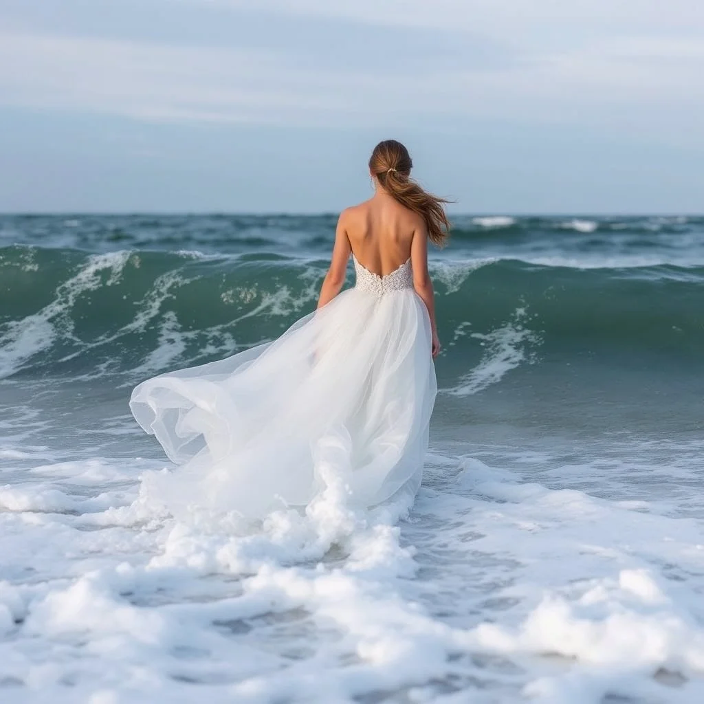 Born of the Ocean walking to camera in Ocean Where the sea becomes a gown and every wave moves with her. A moment of gown in waves ,