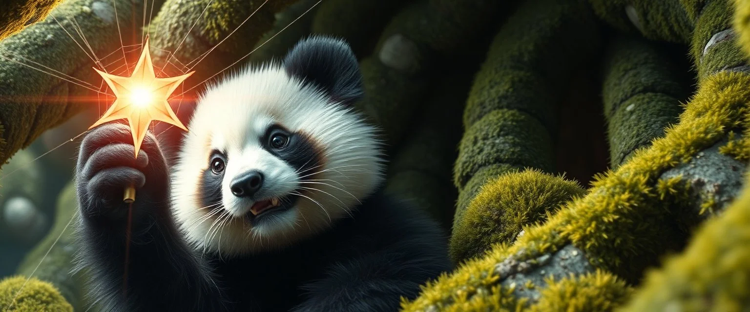 the high speed magical face of a fluffy panda star with charm and head set in web from mossy tower, master oil painting by Rembrandt and Escher, in his moss covered space ship , brightened edges to give a sense of depth, motion blur