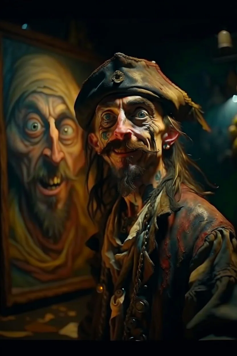 portrait of crazy art pirate thief in front of insane painting, 4 k, down light, depth of field, trending on art station, high detail, cracked ground