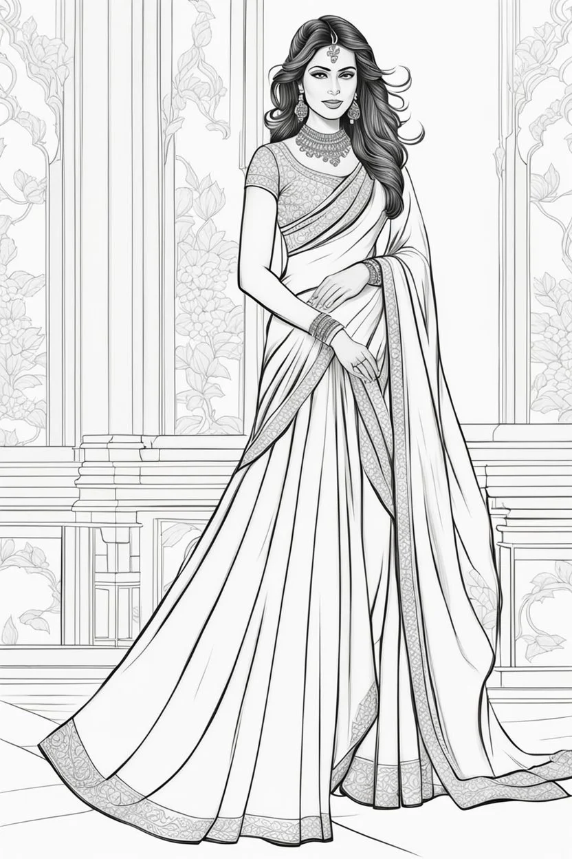 Coloring page for adults of a elegant fashion model woman wearing hindi dress, dynamic poses, full body portrait, thick and clean lines, clean details, no-color, no-turban, no-background, non color, non shading, no-grayscale, dynamic poses, full body portrait, thick and clean lines, clean details, no-color, no-turban, , non background, non color, non shading, no-grayscale, no color hair