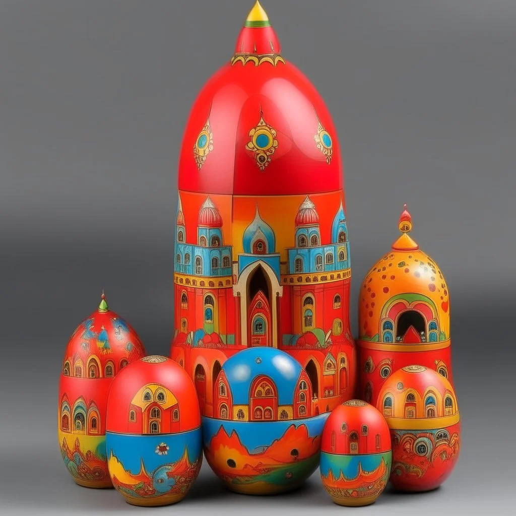 A red castle in the sky with rainbows designed in Matryoshka dolls painted by Wassily Kandinsky