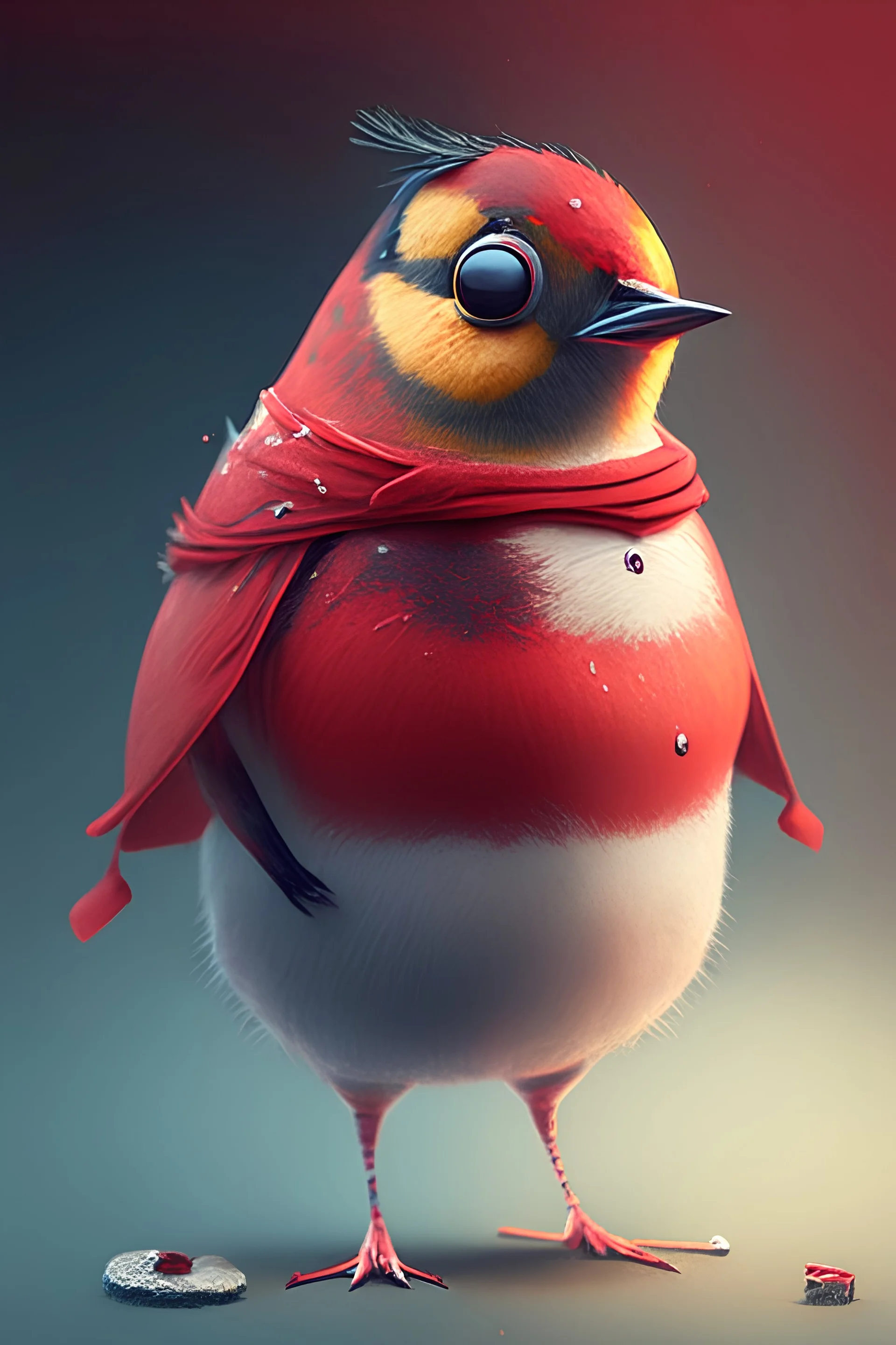 A European Robin Bird with a red stomach area in the style of little nightmares