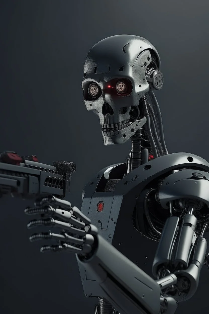 a scary robot with a gun searching for humans looking right and far away