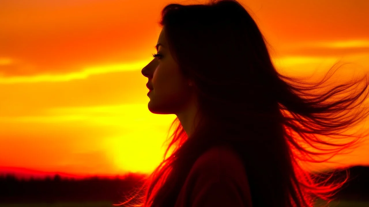 Silhouette of the head of a young lady with long flowing hair in a slight breeze. At sunset in Czech nature.