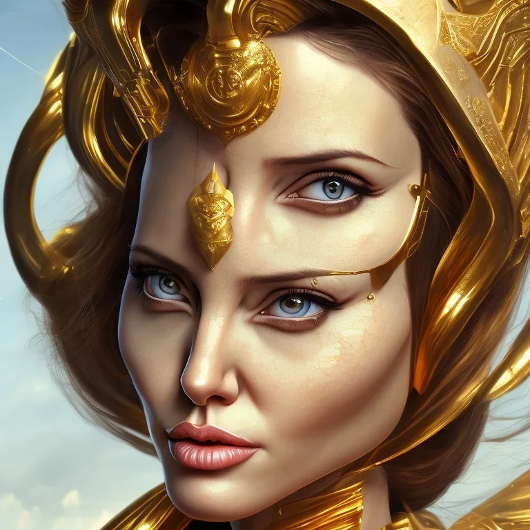 angelina jolie, rosto realista detalhado, roupa dourada deusa athena, muito realista, muitos detalhes, 4k