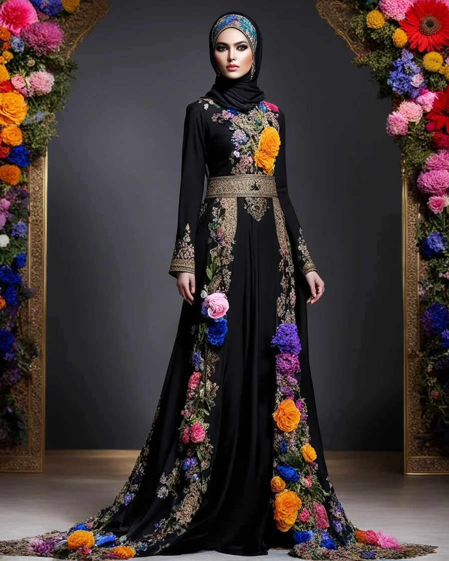 Full body Digital Photography art ,islamic fashion show cat walk gorgeous super model very beautiful woman iranian hijab ,dressing black luxury design colorful clothes gown made of flowers ,full of various kinds of flowers,digital photo sharp colors