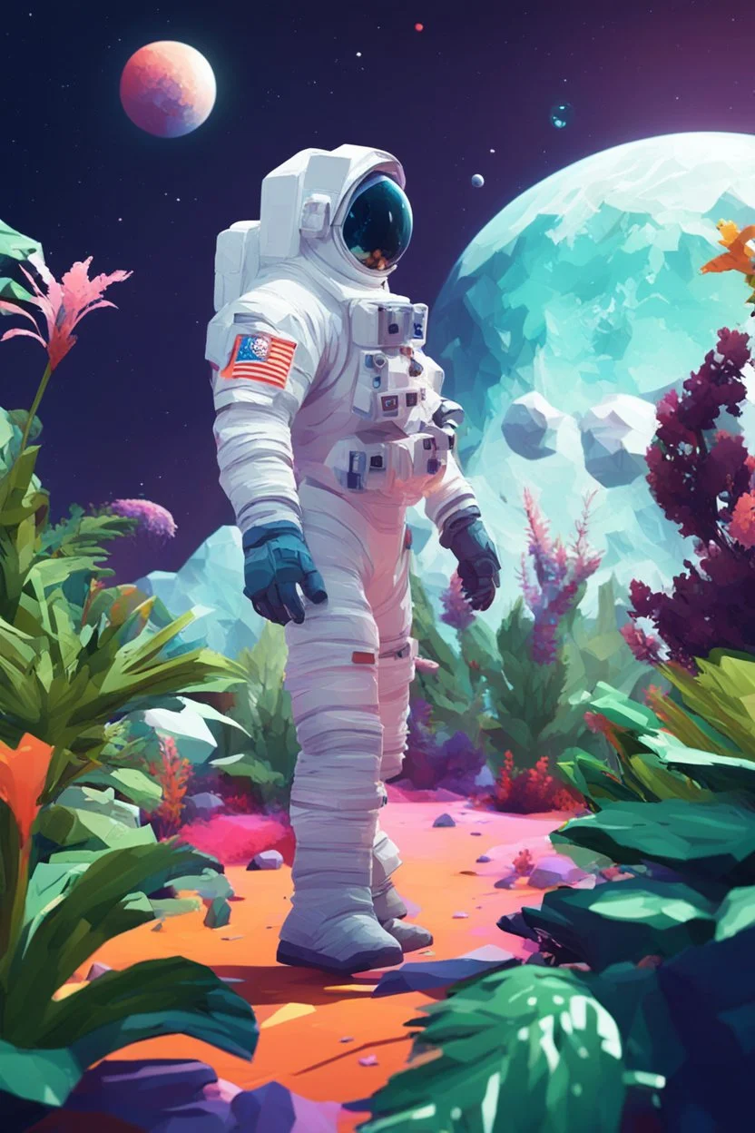 (((close midshot))), (((low poly art:2))), (astronaut), ultra detailed illustration of an environment on a dangerous:1.2 exotic planet with plants and wild (animals:1.5), (vast open world), astroneer inspired, highest quality, no lines, no outlines candid photography. by Lekrot