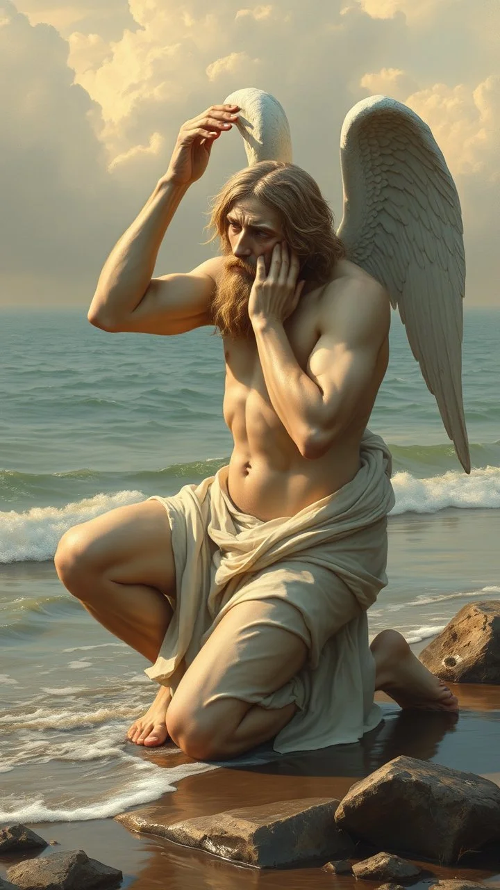 Charon on his knees on the shore wearing crying angel holding his head