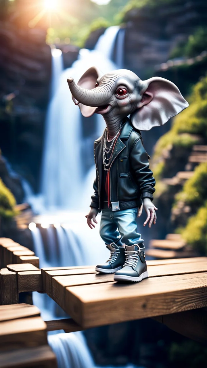 magazine cover, twisted rock star alien gremlin elephant rapper with silver boots as a pimp on wooden bridge going down heavens waterfall,bokeh like f/0.8, tilt-shift lens 8k, high detail, smooth render, down-light, unreal engine, prize winning