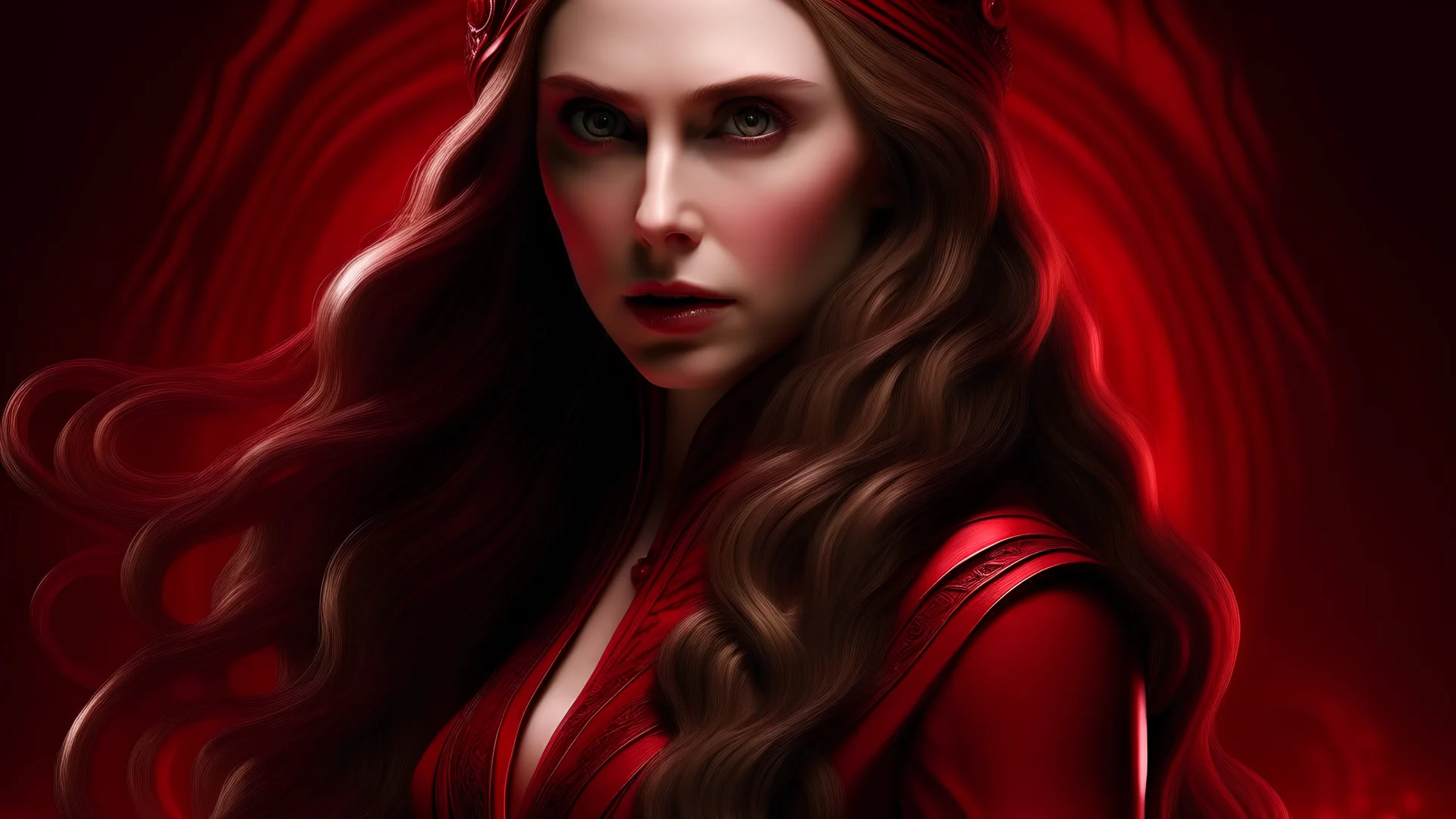 Generate a photo-realistic image of Scarlet Witch as if she were a living woman, seamlessly blending mystical elegance with earthly beauty. Employ advanced algorithms to enhance details, refine textures, and simulate lifelike surfaces. Pay meticulous attention to her alabaster skin, capturing its subtle iridescence and smooth, flawless surface. Illuminate her eyes with a mesmerizing cerulean depth, framed by elegantly arched eyebrows that convey both intelligence and enchantment. Render her scar