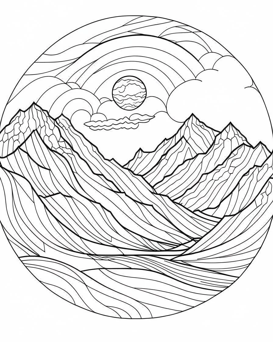 minimalist moutains landscape outline, coloring page, minimalist, simple, white background, boho style, in the circle frame, easy, coloring page for toddlers