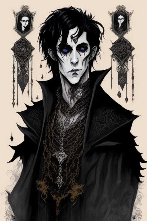 black haired young man necromancer wizard with gothic jewelry in the style of clive barker