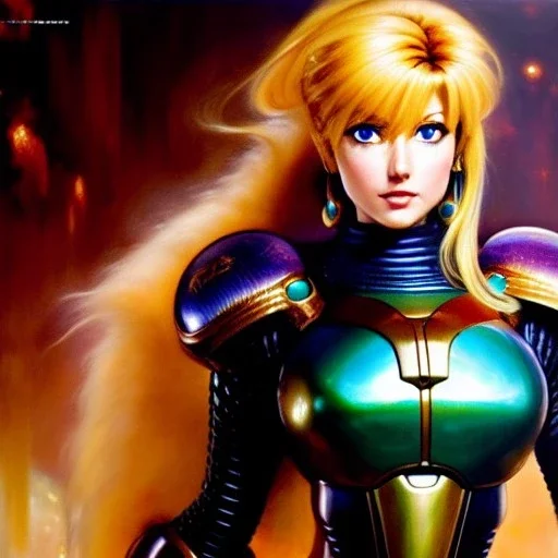 portrait beautiful face Samus Aran (Metroid Series),busty,ancient metal armor balanciaga fashion clothe painting by gaston bussiere, greg rutkowski, yoji shinkawa, yoshitaka amano, tsutomu nihei, donato giancola, tim hildebrandt, oil on canvas, cinematic composition, extreme detail,fit full head inside picture,16k