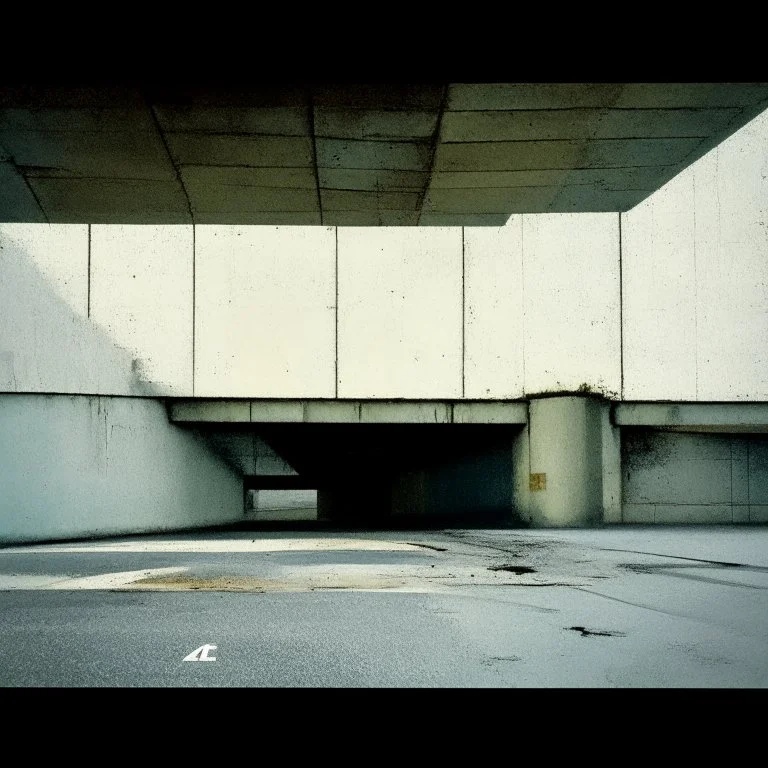 Minimal contemporary abstract oil paintings of desolate 1960s carpark with road markings and concrete fragments. Overlay with grungy typography graphics. style of Justin Mortimer and Francis Bacon.