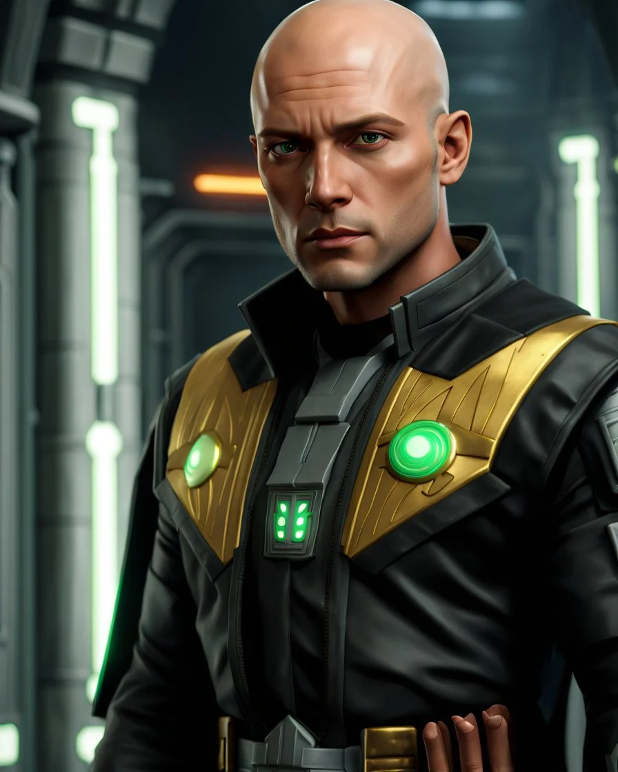 star wars bald male corellian jedi pilot wearing black and gunmetal grey old republic armored robes with gold trim inside the jedi temple holding a lightsaber with viridian green blade in left hand, centered head and shoulders portrait, hyperdetailed, dynamic lighting, hyperdetailed background, 8k resolution, volumetric lighting, light skin, fully symmetric details