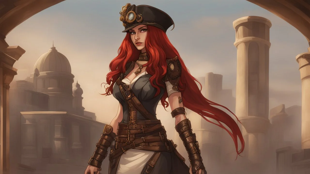 full body and headshot of a skinny Cleopatra, with long straight red hair, dressed as an assassin standing in a steampunk setting.