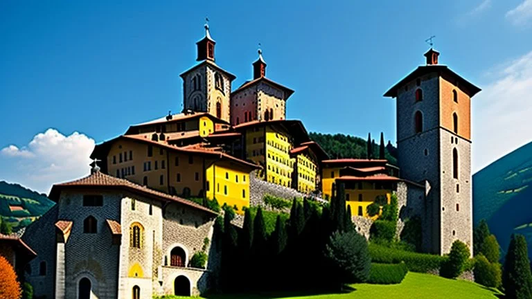 Huge medieval monastery at the top of a hill in northern Italy