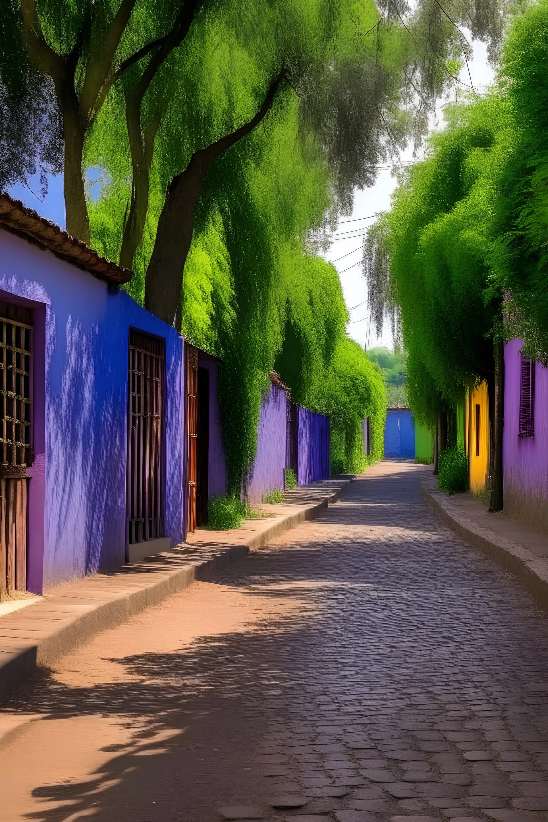 imagen de callecitas de un pueblo en entre rios argentina con arboles de jacarandas aromos y laureles a la hora de la siesta en verano