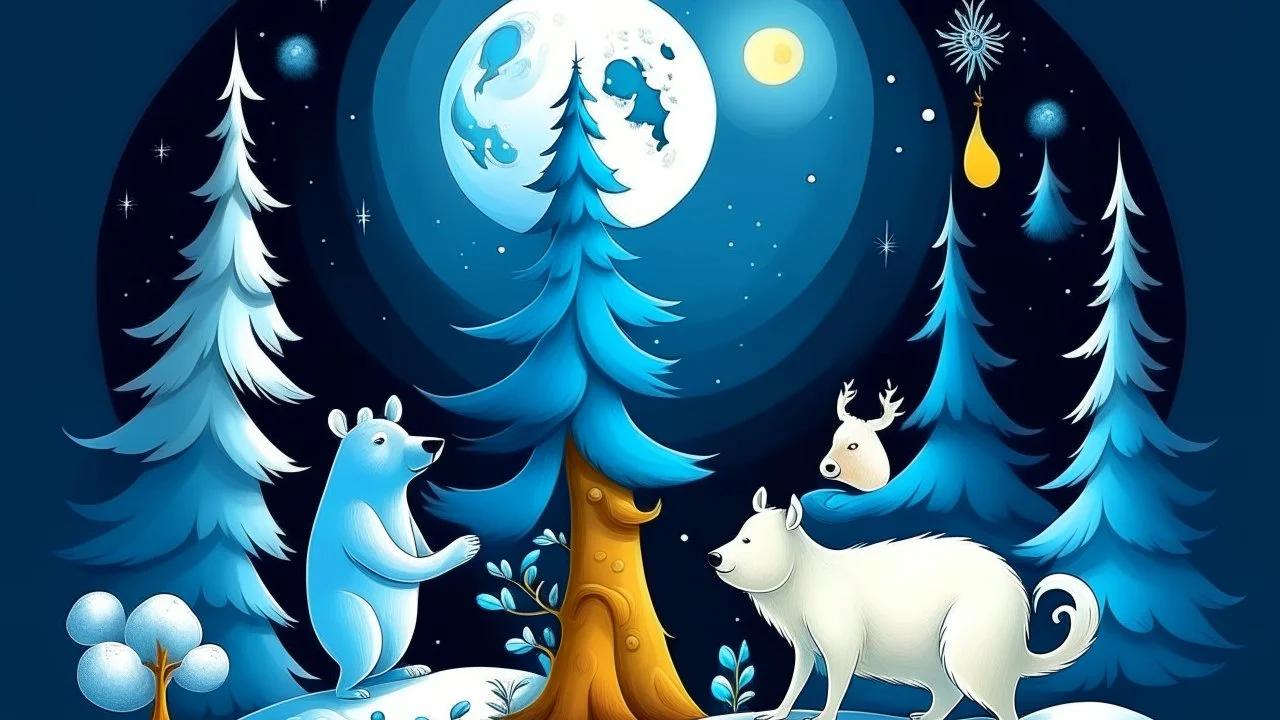 fantasy cartoon illustration: a reindeer, a polar bear, a rabbit are decorating a Christmas tree, beneath a full moon