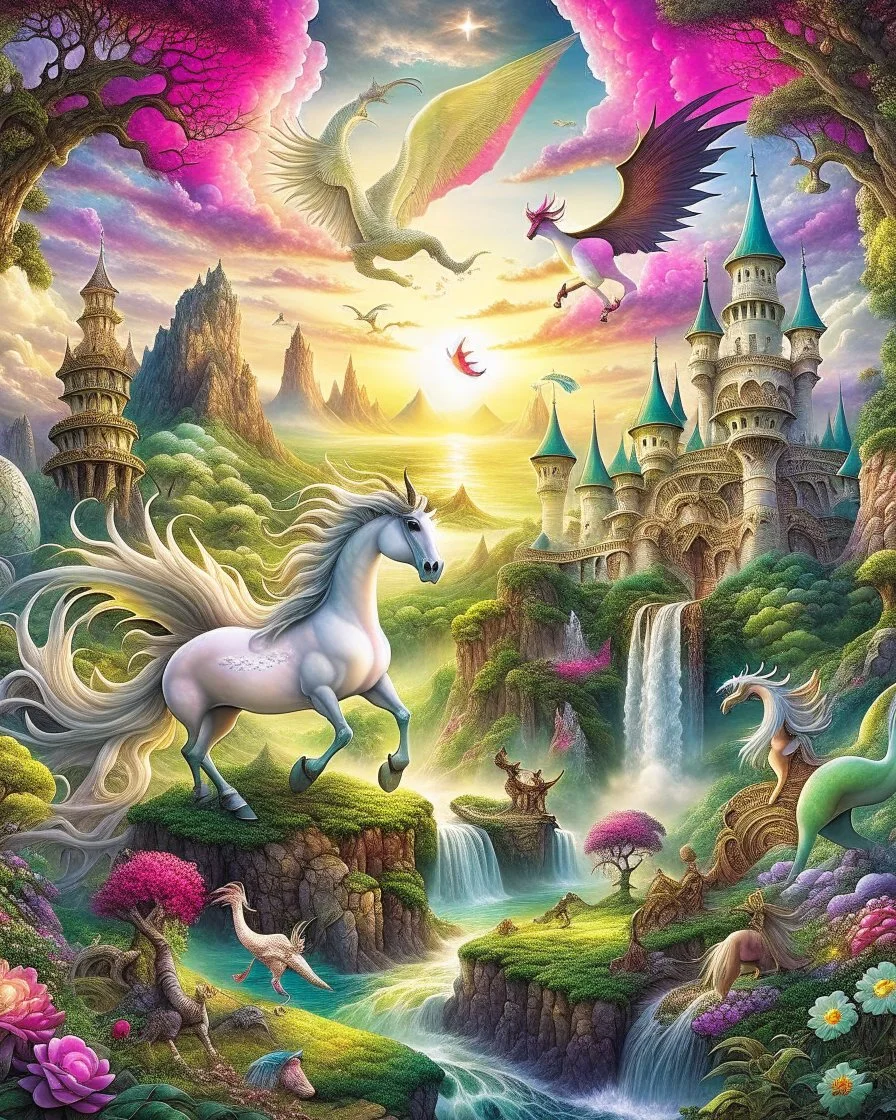 A mythical scene showcasing majestic dragons, graceful unicorns, and other legendary creatures in a fantasy landscape.