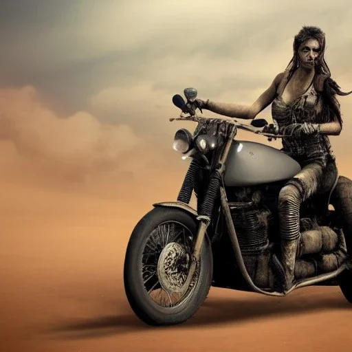 Mad Max style young woman on a motorcycle, high detail