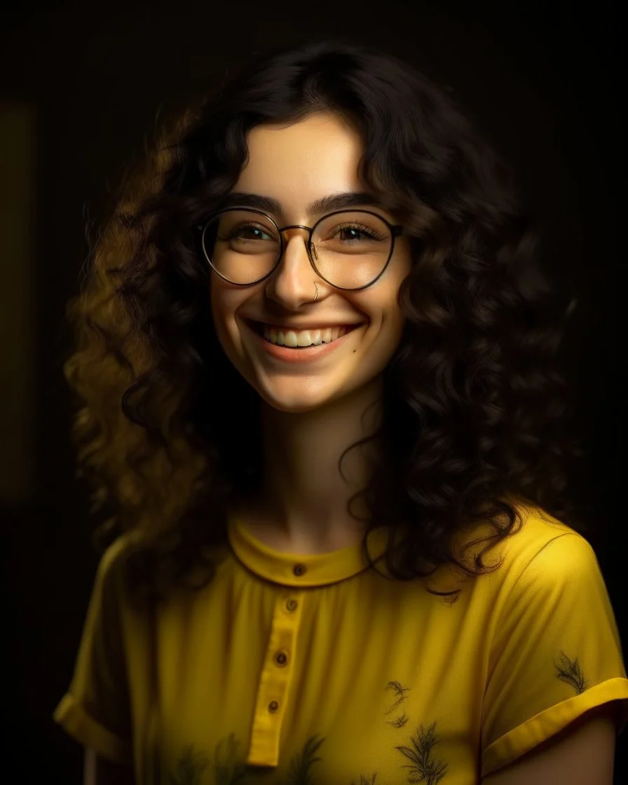 Jeune femme au sourire éclatant, longue et élancée, cheveux noirs bouclés et volumineux, porte de grandes lunettes rondes à la monture transparente. Elle porte un t-shirt de couleur jaune moutarde avec une chemise florale transparente. Rembrandt style lighting, 8k, portrait, HD.