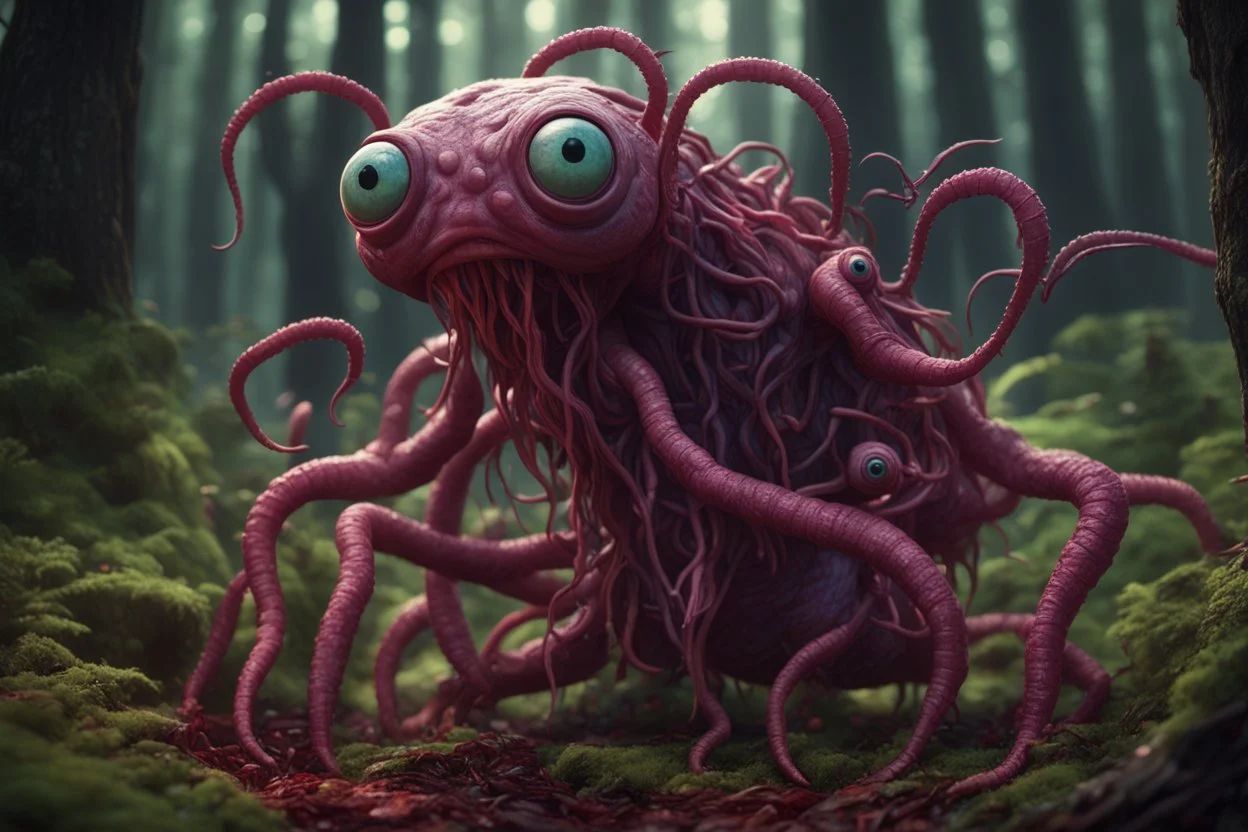 Rare parasite creature holding a girl meanwhile many worms streaming from his eyes in the forest, fullbody, macro photography, darkred tones,high detailed, 3d pixar disney the cinematic FKAA, TXAA, and RTX graphics technology employed for stunning detail.