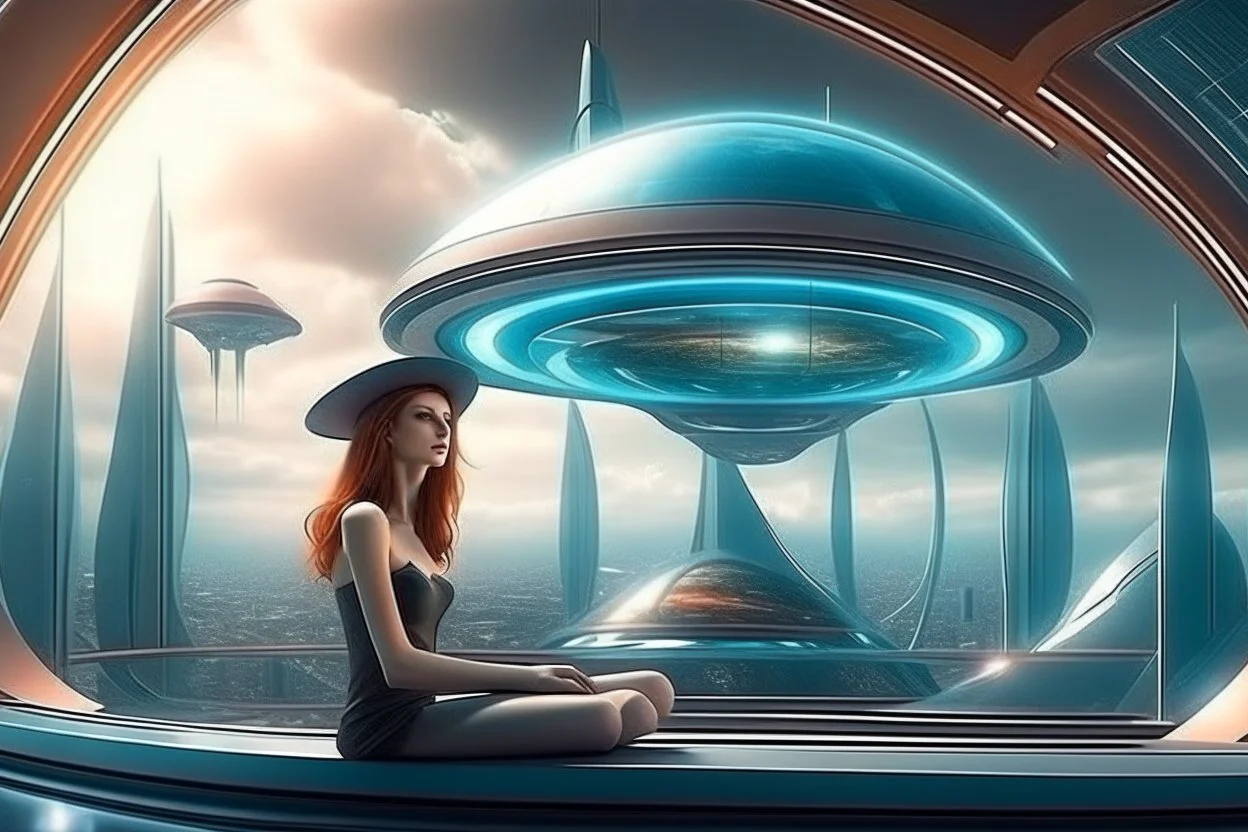 beautiful woman inside flying saucer with clear dome top over future alien city
