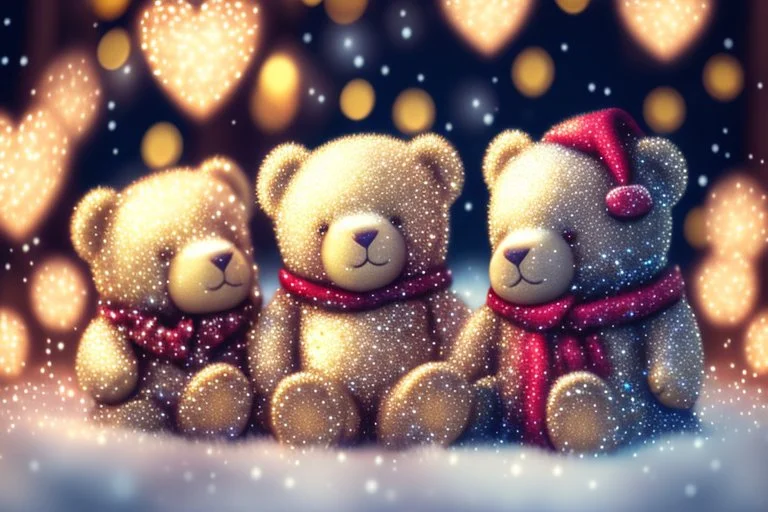 cute teddy bears holding hearts covered in sparkling gold glitter, beautiful winter composition, snowflakes, pine branches, Christmas ornaments and glowing Christmas lights