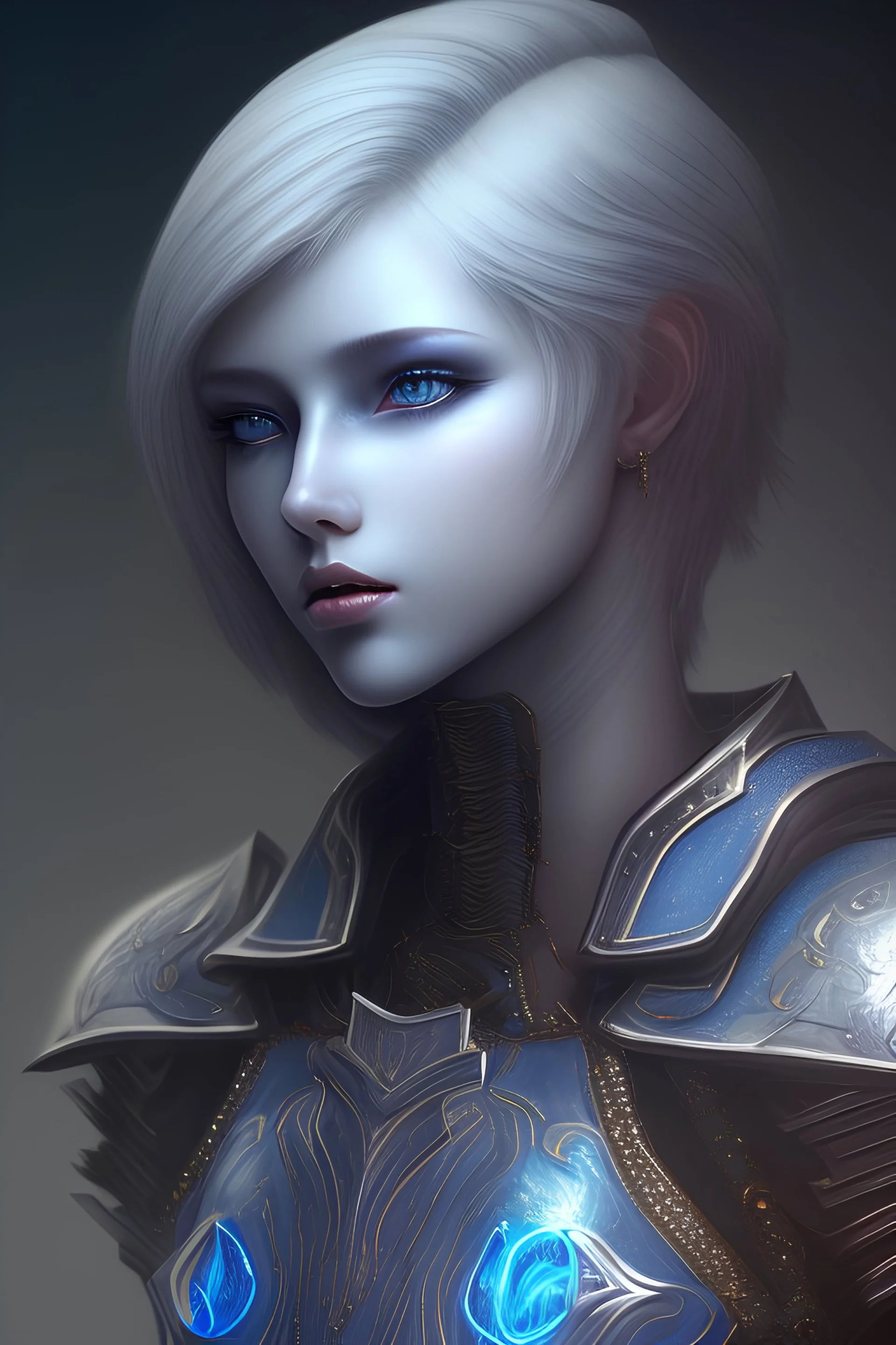 pale skin, model figure, female, beautiful, young, blue edgy bob hair, front view, intricate blue leather armor with white decoration, blue intricate pants, standing, blue glowing armored shoulder plating, detailed part, red eyes, full moon on background, devil wings, midnight, full body shot, looking at viewer, detailed eyes, 2 small horn