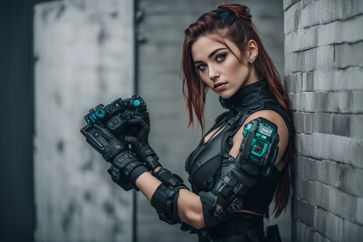 portrait photography, upper body, shot by Canon EOS 5D,indoor, OnlyFans photo, for customers, cyberpunk concept, 20 years old Irish girl Linda, bending to wall,wearing , detailed, looks perfect, cyberpunk themed toys