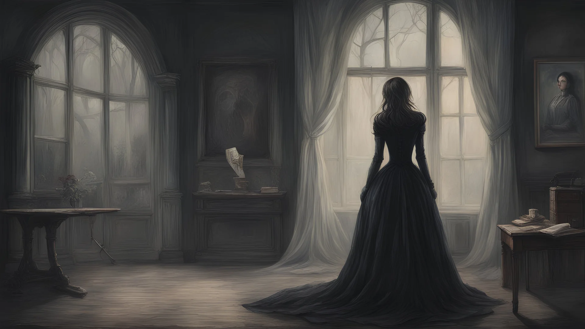 The cursed woman, now a distorted figure on the canvas, watches ominously as the echo of Charmsombre's tragic history reverberates through the manor. The illustration encapsulates the essence of a gothic tale, blending beauty and horror in the mysterious world of Charmsombre.
