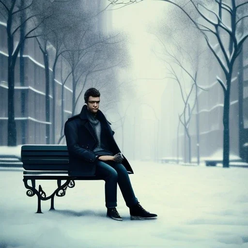 man sitting on a park bench wearing a trench coat, streets of new york covered in snow, dramatic, dramatic lighting, volumetric lighting, hyperrealism, 8k, high quality, photorealistic, lot of details