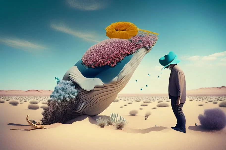 fotografía surrealista, ballena, flor, desierto y hombre