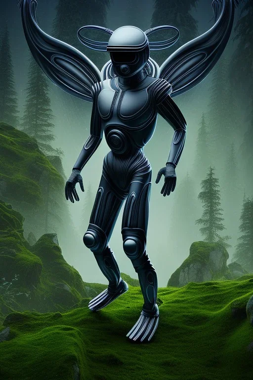 running alien portrait , black jogging suite , in the night Alps , holding leaves and coins , angels background, volumetric light, high detail, dark leaf tree, dark mountains in background, perfect, HR Giger style