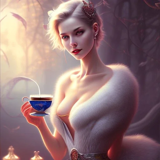 3d fantasy art, book cover, sexy short haired woman smiling with cute eyes enjoying tea by the mirror