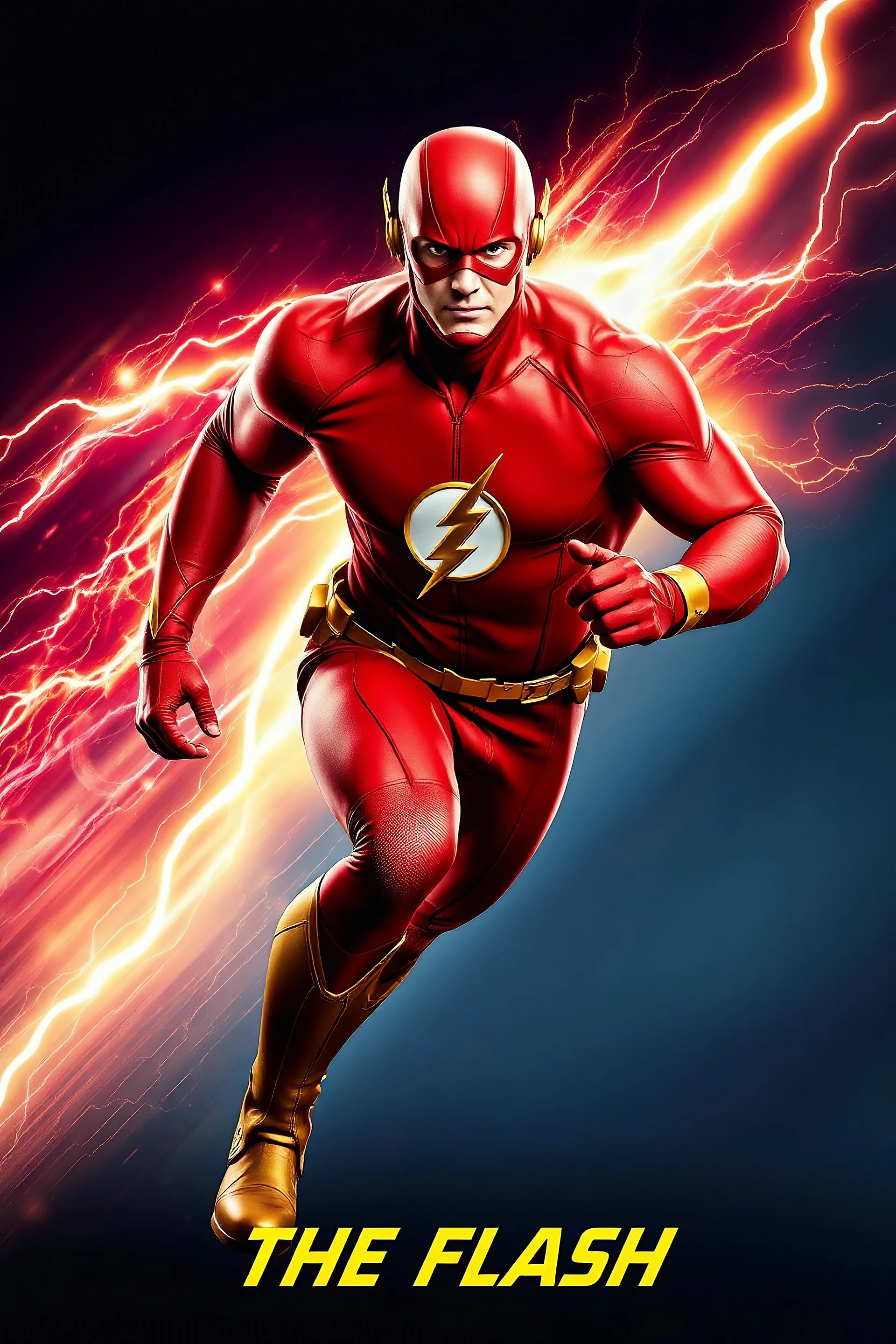 1/4 side view, looking at the viewer, Movie Poster - "THE FLASH" - A massive, thick, extremely muscular, 7'8" tall man, ((skintight, formfitting, long-sleeved, red spandex bodysuit:1.5)), ((gold knee-high boots:1.5)), ((gold wrist gauntlets, red fingerless gloves, gold, double holstered utility belt:1.5)), ((skintight, formfitting, red spandex helmet with red eye disguise,:1.5)), Running in the speedforce, multicolored lightning emanating from his body, an overly exaggerated muscular stature