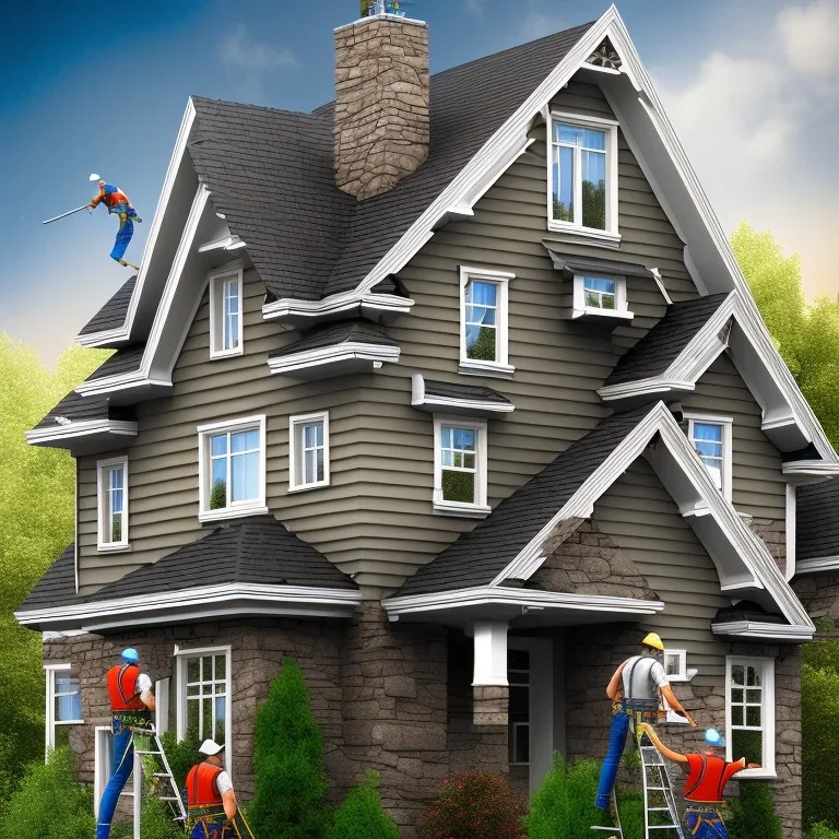 Two dudes standing on a ladder reaching up onto the edge of a house installing seamless gutters to the fascia