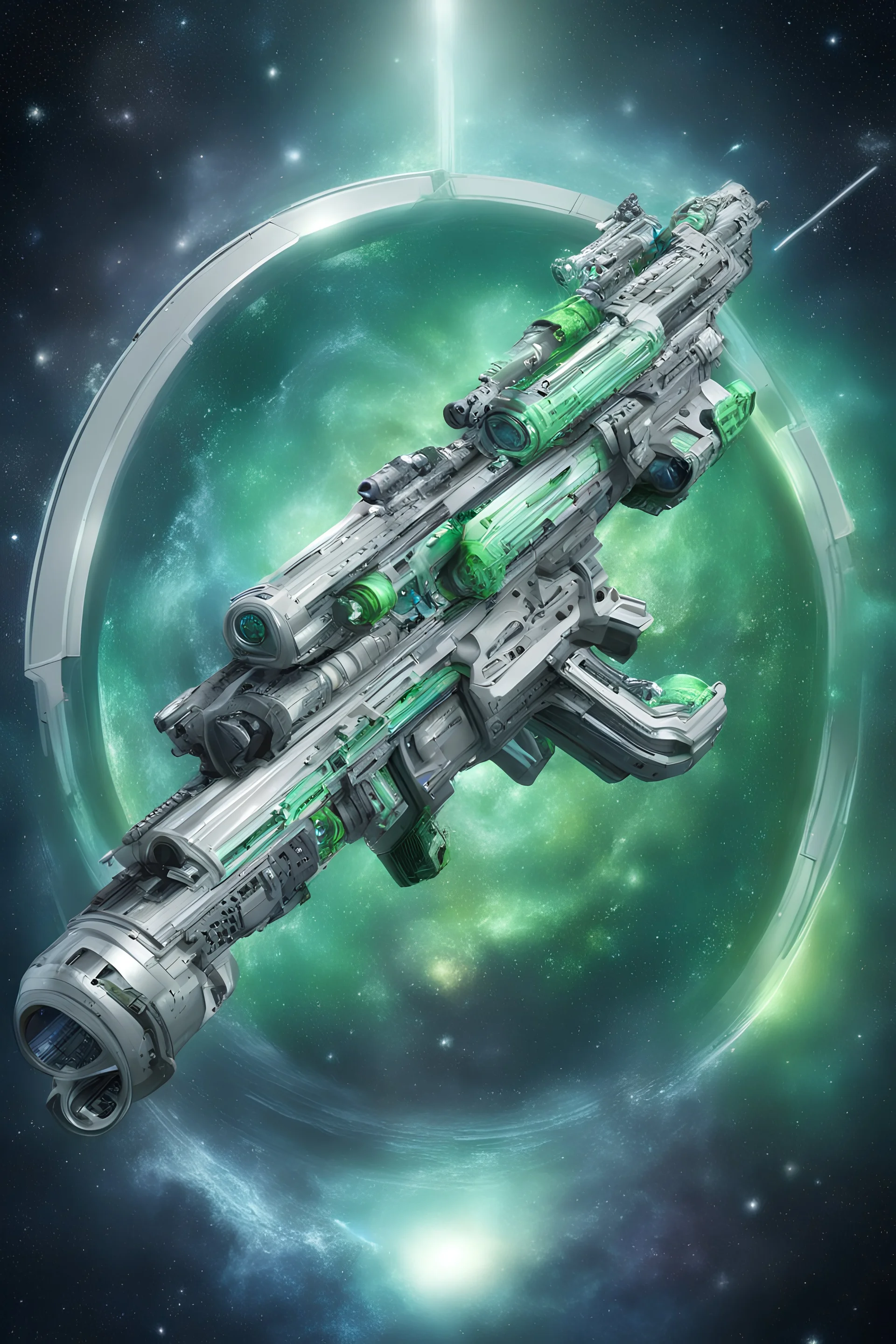 ad for futuristic spacerifle, AR15 style, one trigger, one barrel, photorealistic, intricate design, heroic, fun, silver, neongreen, neonblue, space background with planet