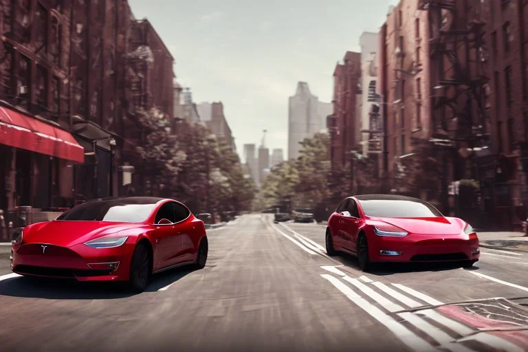 A Tesla 'Model Y' is drifting at top speed, in Greenwich Village, in Manhattan. CINEMATIC. WIDE ANGLE LENS. PHOTO REAL.