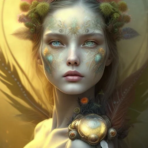 Portrait of beautiful girl, plant, metal, feathers, Dryad, fae, sidhe, ominous, nature, plants, wildflower, facepaint, dnd character portrait, intricate, oil on canvas, masterpiece, expert, insanely detailed, 4k resolution, retroanime style, cute big circular reflective eyes, cinematic smooth, intricate detail , soft smooth lighting, soft pastel colors, painted Renaissance style,sharp fucus, bokeh,macro lens, 1500mm lens