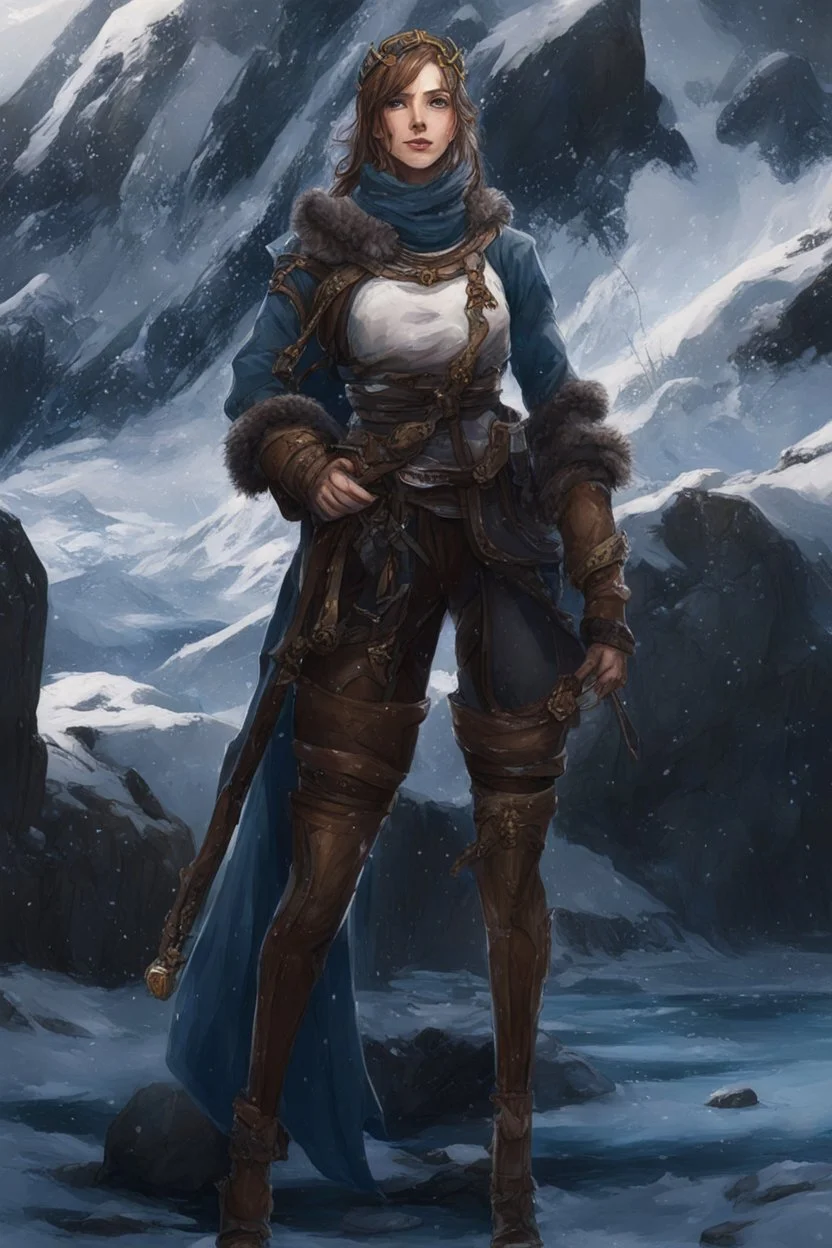 A female cleric dressed for the winter, with brown hair. Snowy background