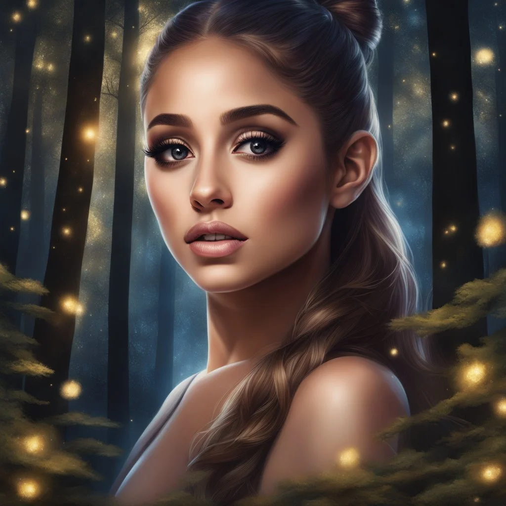 Painting of a beautiful girl, beautiful, pretty face, young girl, fantasy art, Ariana Grande's face, dream, trees, forest, dark night, song, glitters background, fantasy